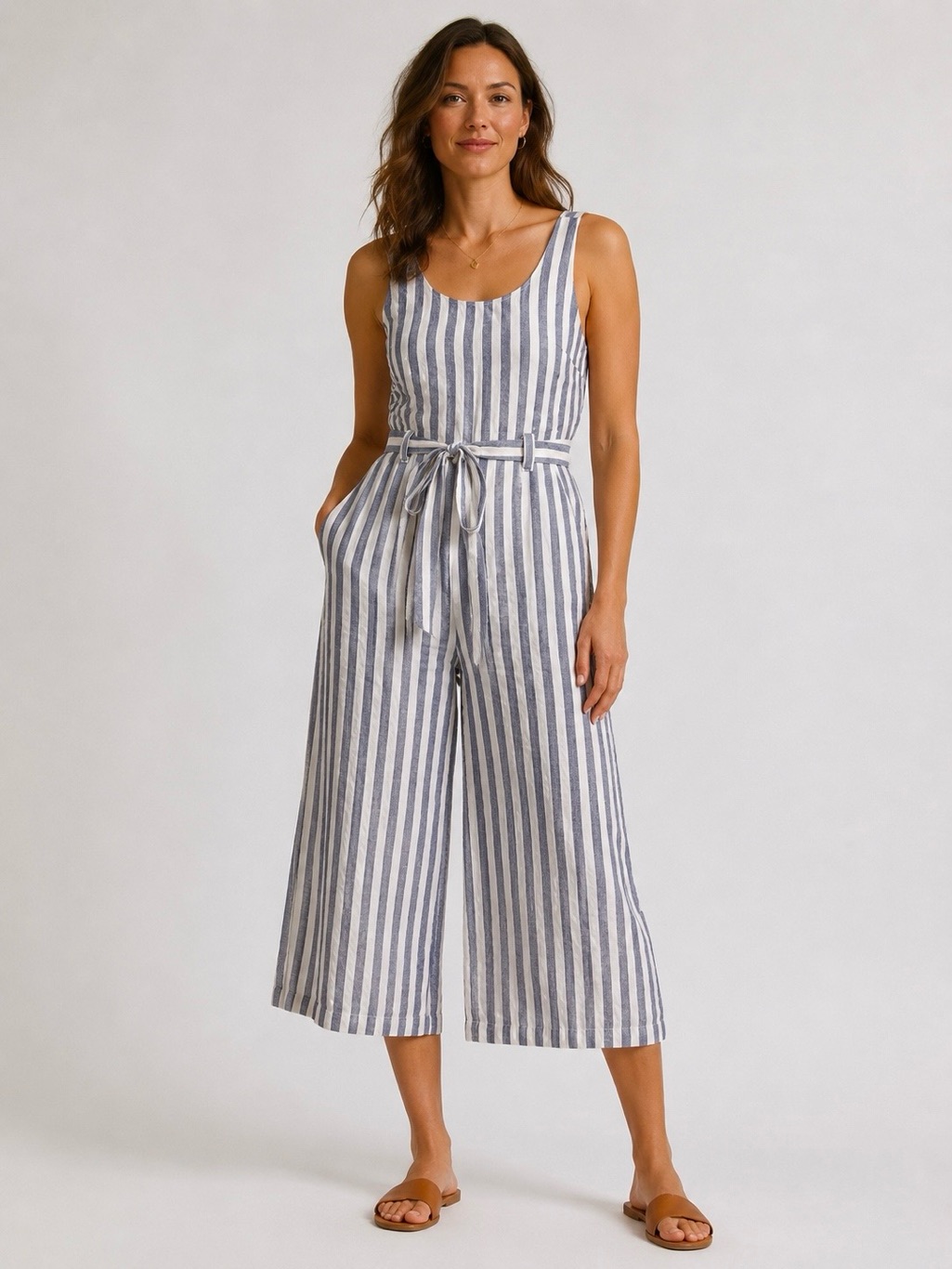 Rachel Zoe 100% Linen Wide Leg Jumper Striped Jumpsuit Blue White Nautical